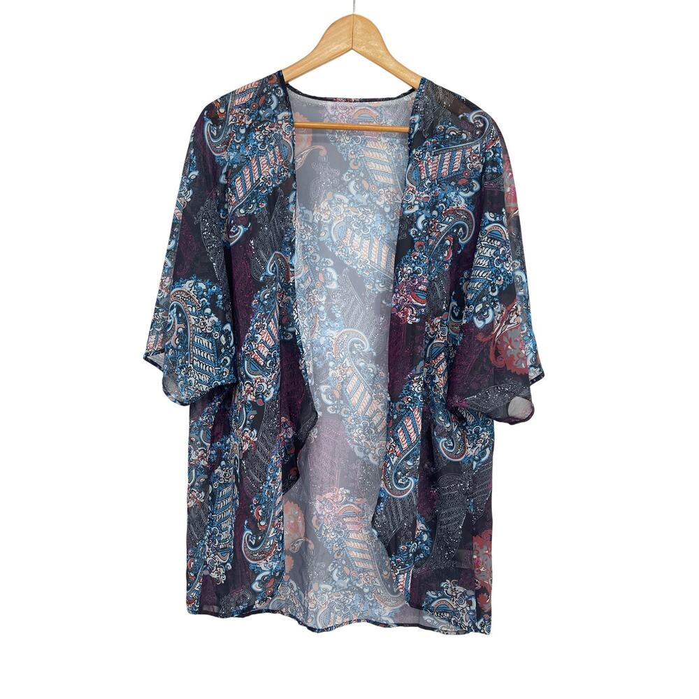 Paisley Sheer Kimono‎ Cardigan XL Blue Purple Boho Open Front Layering Top
